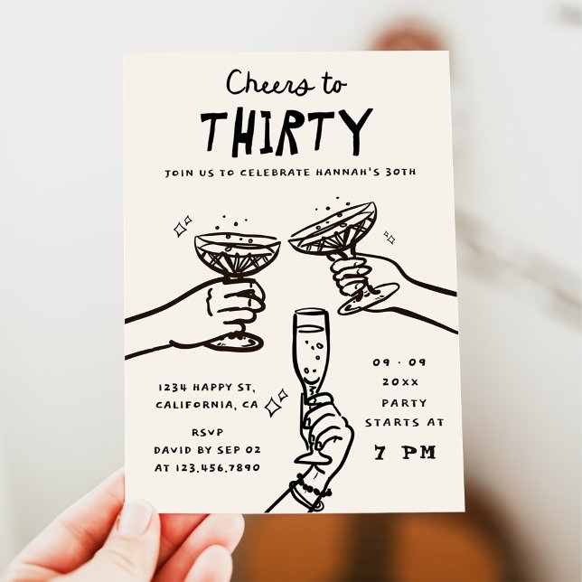 Hand Drawn Cheers to 30 Years Birthday Party Invitation (Creator Uploaded)
