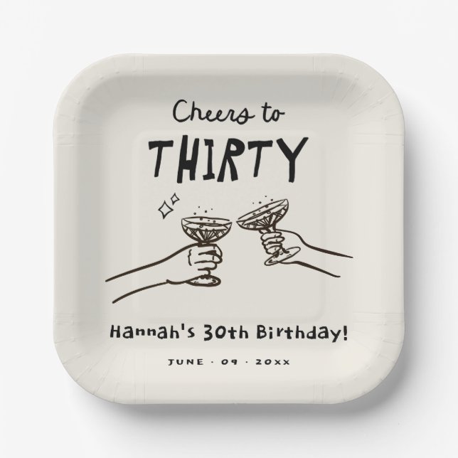 Hand Drawn Cheers to 30 Years Birthday Party Paper Plates (Front)