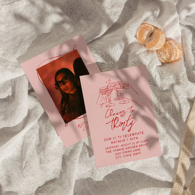 Hand Drawn Cheers To Thirty 30th Photo Birthday Invitation (Creator Uploaded)