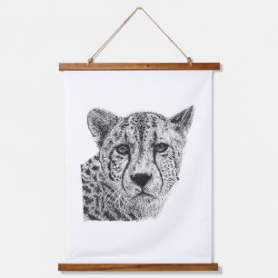 Hand Drawn Cheetah Head Black & White Wildlife Art Hanging Tapestry