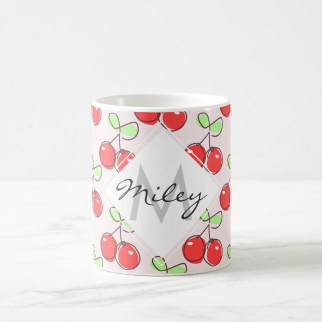 Hand Drawn Cherries, Pink Fruit Pattern Coffee Mug (Center)