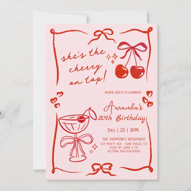 hand-drawn cherry martini birthday invitation (Front)