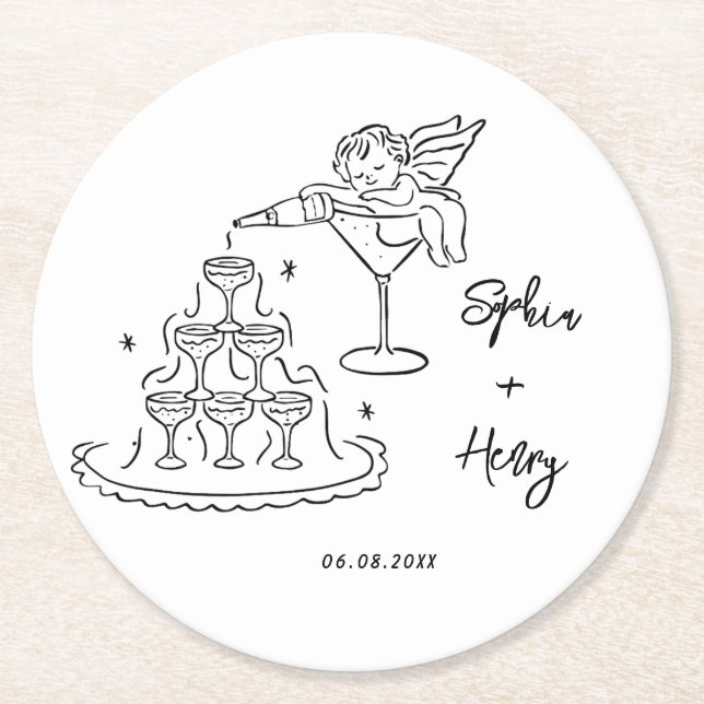 Hand drawn cherub funky Whimsical  Wedding  Round Paper Coaster (Front)