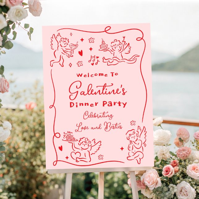 Hand Drawn Cherubs Pink Red Galentine's Day Party Foam Board (Creator Uploaded)