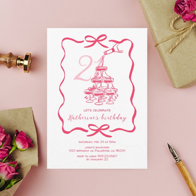 Hand Drawn Chic Pink Champagne 21st Birthday Party Invitation (Creator Uploaded)