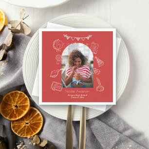 Hand Drawn Chic Red Arch Photo Graduate Party Napkins