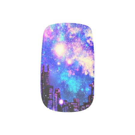 Hand Drawn Chicago Skyline Outer Space Nail Art