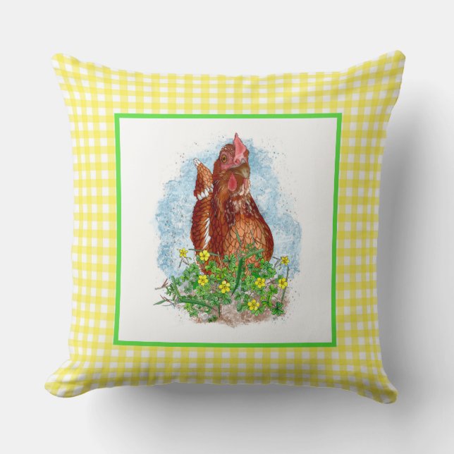 Hand drawn Chicken Art Throw Pillow (Front)