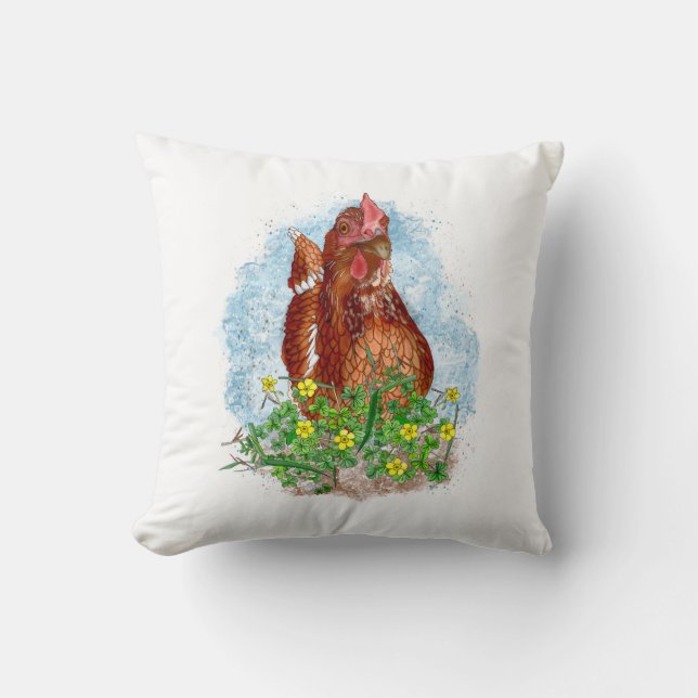 Hand drawn Chicken Art Throw Pillow (Front)