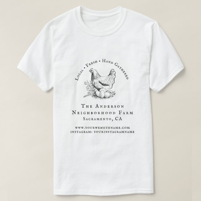 Hand-drawn Chicken Script Family Farm Business T-Shirt (Design Front)