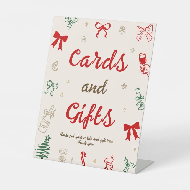 Hand Drawn Christmas Bridal Shower Cards and Gifts Pedestal Sign (Front)
