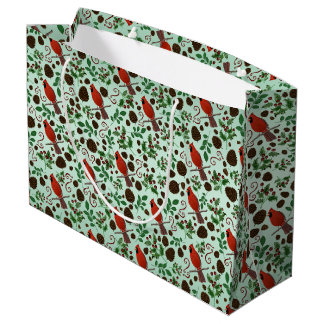 Hand Drawn Christmas Cardinals & Pinecones Holiday Large Gift Bag