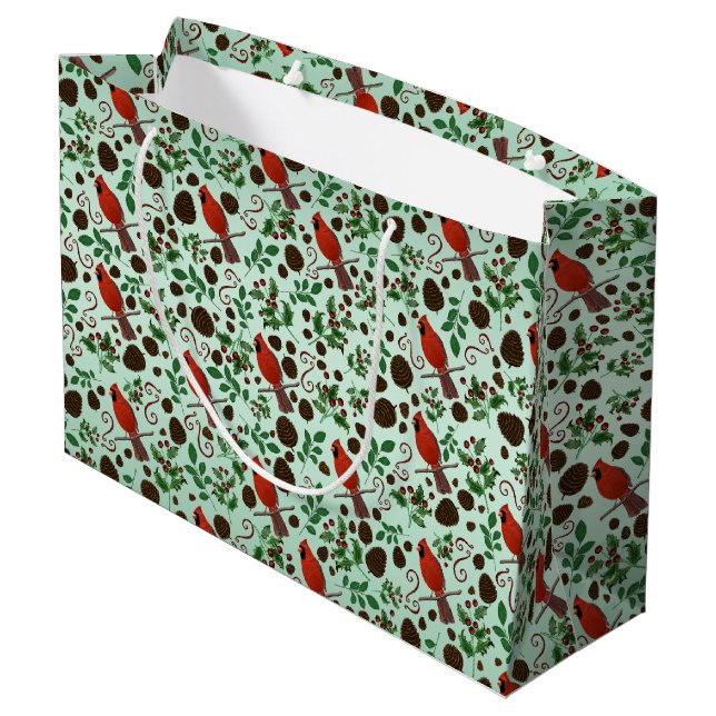 Hand Drawn Christmas Cardinals & Pinecones Holiday Large Gift Bag (Back Angled)