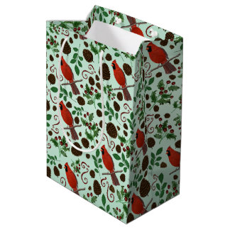 Hand Drawn Christmas Cardinals & Pinecones Holiday Medium Gift Bag