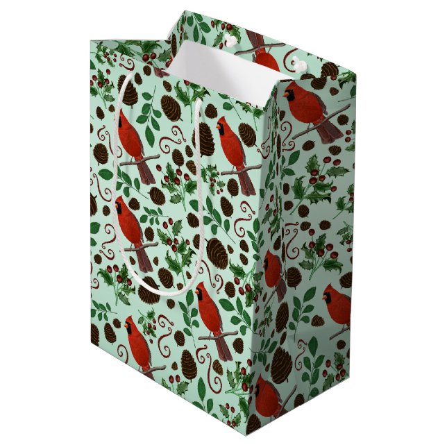 Hand Drawn Christmas Cardinals & Pinecones Holiday Medium Gift Bag (Back Angled)