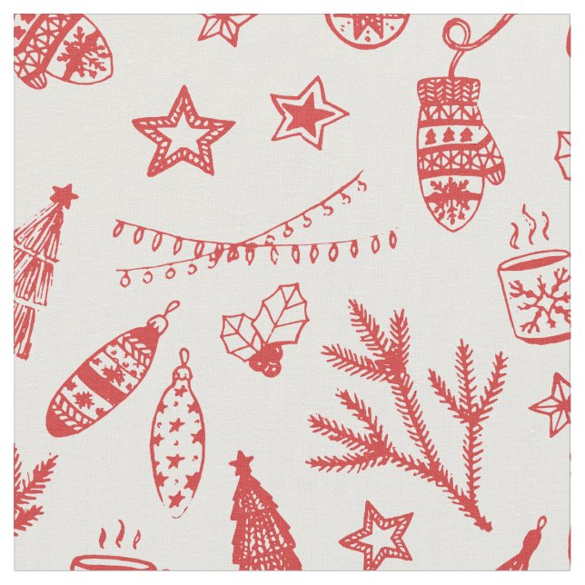Hand Drawn Christmas Decorations Holiday Set Fabric (Close Up)