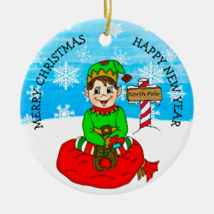 Hand drawn Christmas Elf Festive Personalized Ceramic Ornament