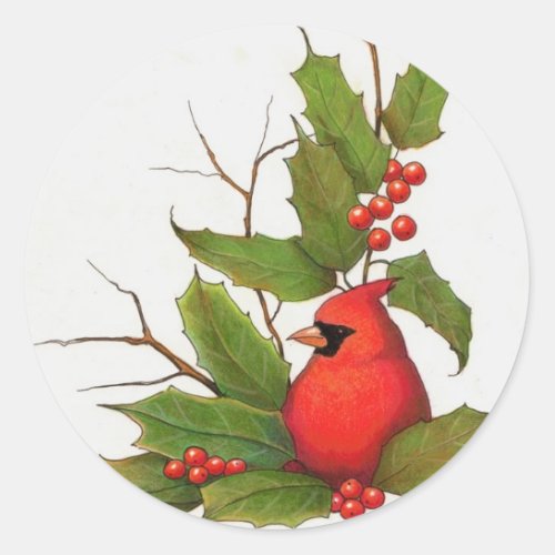 Hand_Drawn Christmas Illustration Holly Cardinal Classic Round Sticker