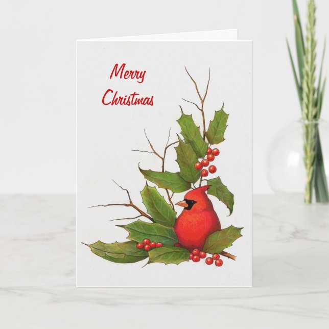 Hand-Drawn Christmas Illustration: Holly, Cardinal Holiday Card (Front)