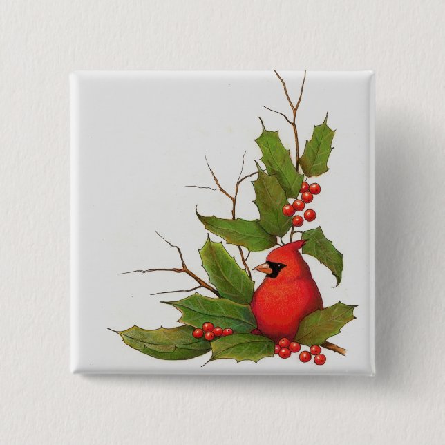 Hand-Drawn Christmas Illustration: Holly, Cardinal Pinback Button (Front)