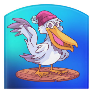 Hand Drawn Christmas Pelican Cartoon Illustration- Door Sign