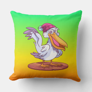 Hand Drawn Christmas Pelican Cartoon Throw Pillow