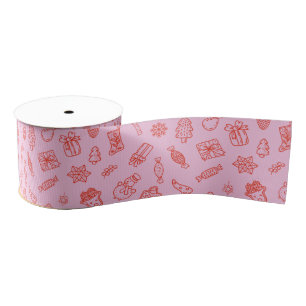 Hand drawn  Christmas Pink and Red  Grosgrain Ribbon