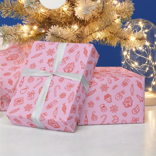 Hand drawn  Christmas Pink and Red Wrapping Paper (Holidays)
