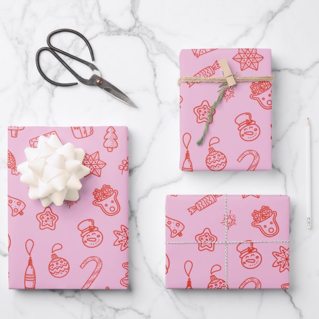 Hand drawn  Christmas Pink and Red Wrapping Paper (Front)