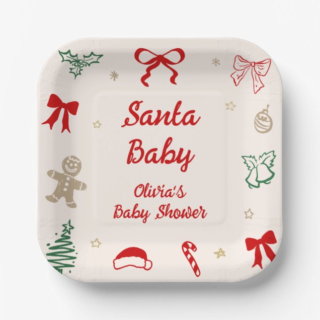 Hand Drawn Christmas Santa Baby Baby Shower Paper Plates (Front)