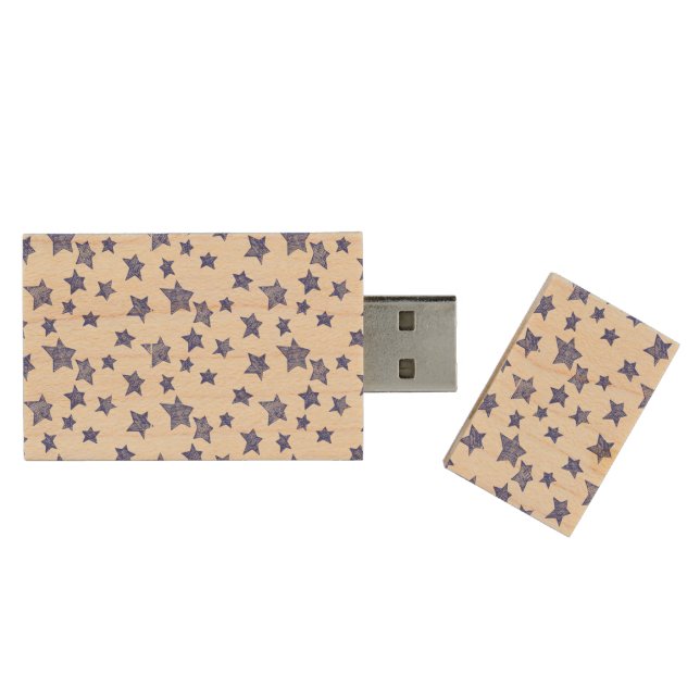Hand drawn Christmas stars Wood USB Flash Drive (Opened)