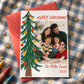 Hand Drawn Christmas Tree Family Photo Whimsical Holiday Card