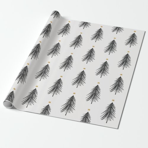 Hand drawn christmas tree in black and gold wrapping paper