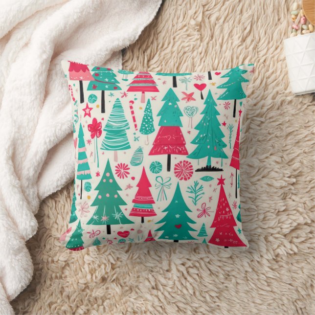 Hand Drawn Christmas Tree Pattern Illustration  Throw Pillow (Blanket)