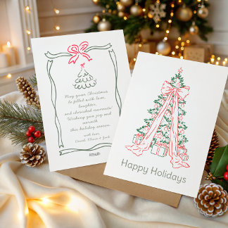 Hand Drawn Christmas Tree Pink Bow Red Green Holiday Card