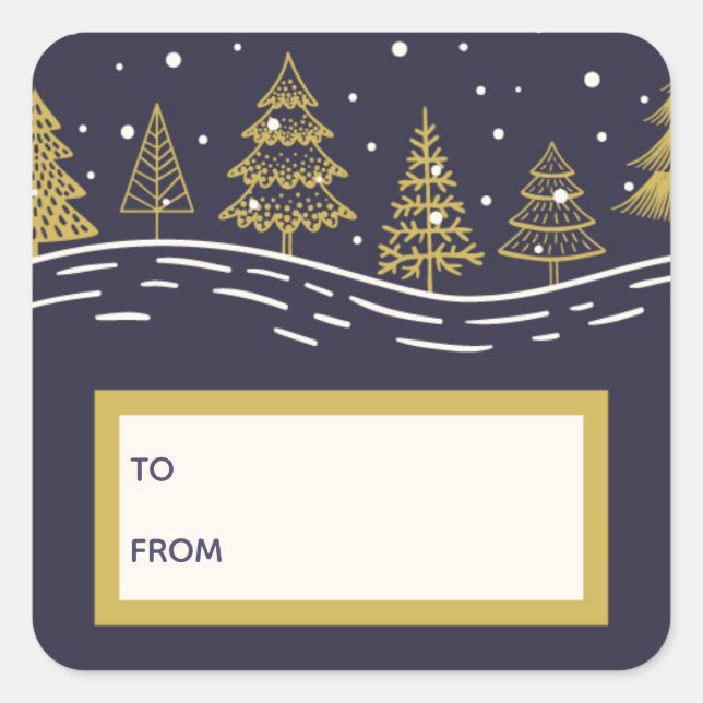 Hand drawn christmas trees blue and gold square sticker (Front)