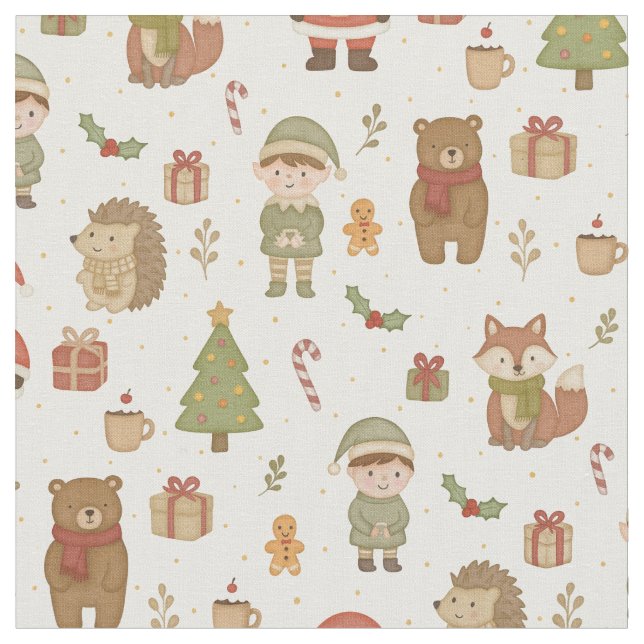 Hand Drawn Christmas Woodland Fabric (Close Up)