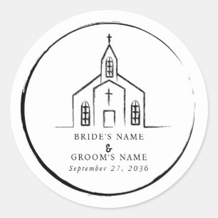 Hand Drawn Church Traditional Whimsical Wedding Classic Round Sticker