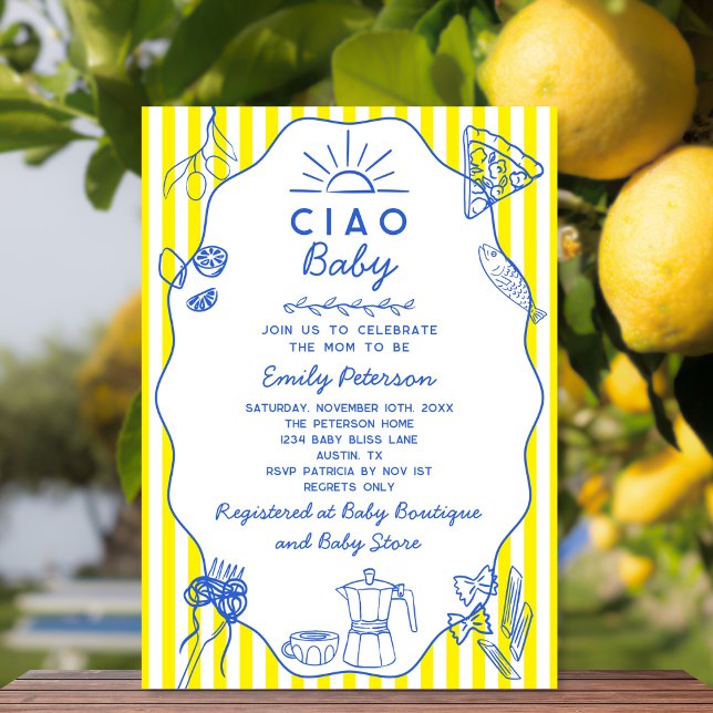 Hand Drawn Ciao Baby Italian Theme Boy Baby Shower Invitation (Creator Uploaded)