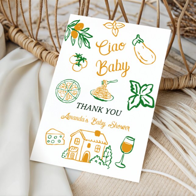 Hand Drawn Ciao Italian Pizza & Pasta Baby Shower Thank You Card (Creator Uploaded)