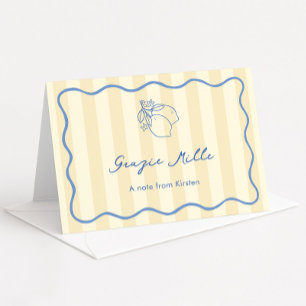 Hand Drawn Ciao Miss Yellow & Blue Bridal Shower Letterpress Thank You Card
