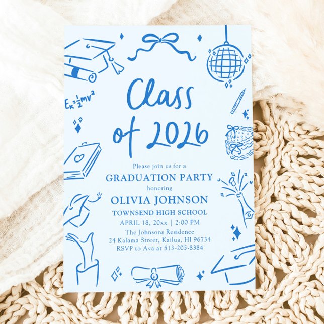 Hand Drawn Class of 2026 Blue Graduation Party Invitation (Hand Drawn Class of 2026 Blue Graduation Party Invitation)