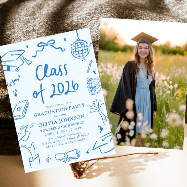 Hand Drawn Class of 2026 Blue Graduation Party Invitation (Hand Drawn Class of 2026 Blue Graduation Party Invitation)