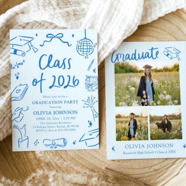 Hand Drawn Class of 2026 Blue Graduation Party Invitation (Hand Drawn Class of 2026 Blue Graduation Party Invitation)