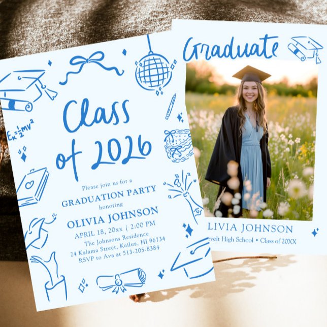 Hand Drawn Class of 2026 Blue Graduation Party Invitation (Hand Drawn Class of 2026 Blue Graduation Party Invitation)
