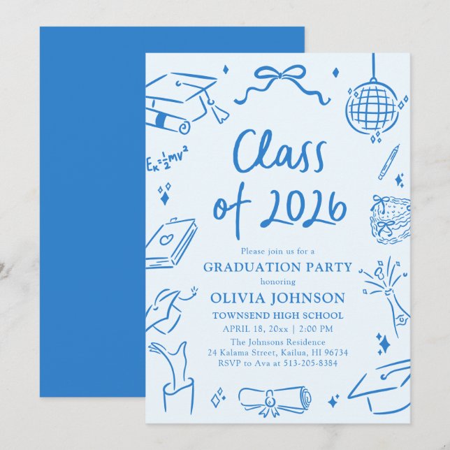 Hand Drawn Class of 2026 Blue Graduation Party Invitation (Front/Back)
