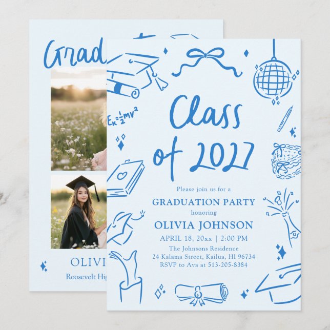 Hand Drawn Class of 2027 Blue Graduation Party Invitation (Front/Back)