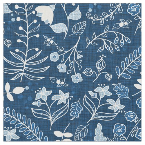 Hand Drawn Classic Blue Boho Flowers  Fabric