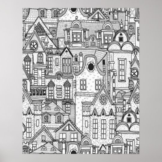 Download Hand Drawn, Classic Country Village, Coloring Page Poster ...