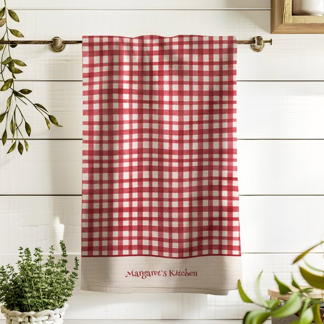 Hand Drawn Classic Red Gingham Add Name Christmas Kitchen Towel (Creator Uploaded)